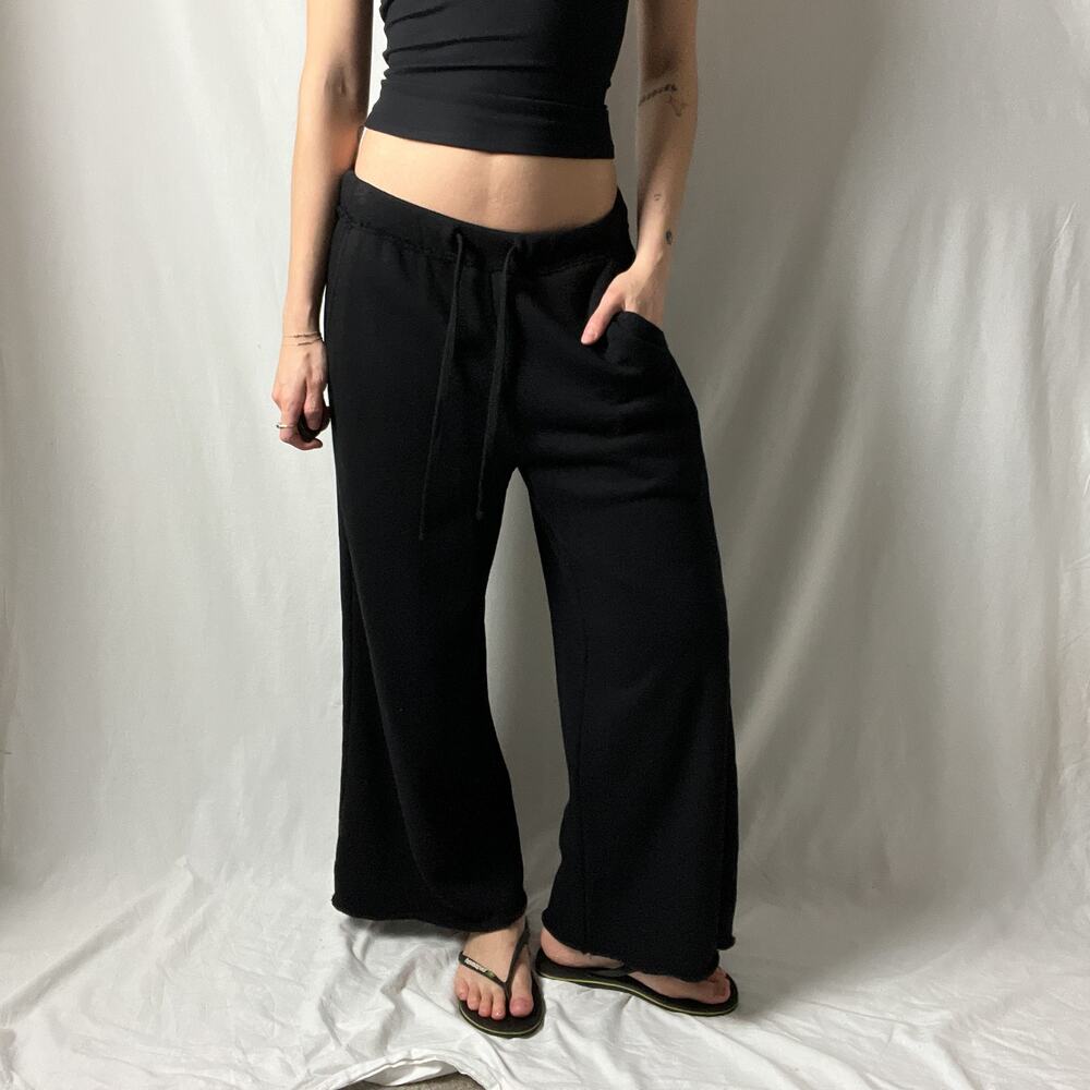 eileen fisher black terry cotton minimalist low rise relaxed wide leg sweatpants